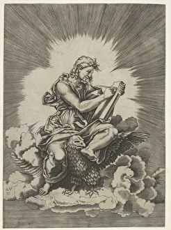 St. John, seated and holding a writing instrument to a tablet, an eagle with outstre St. John, seated and holding a writing instrument to a tablet, an eagle with outstre
