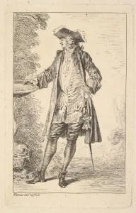 Standing man with his right hand resting on a basin, shown in three-quarters view with Standing man with his right hand resting on a basin, shown in three-quarters view with