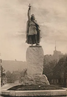 Prints of Statue of King Alfred the Great, Winchester, Hampshire, early 20th century(?). The statue, by Hamo Thornycroft, was unveiled in 1899, to commemorate the millenary of Alfreds death. From Winchester Winchester Prints: Early 20th Century Print of Winchester's King Alfred Statue