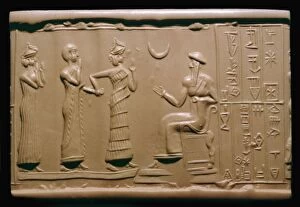Governor Gallery: Sumerian cylinder-seal impression depicting a governor being introduced to the king