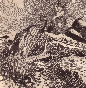 Norse Mythology Prints: Thor and Hymir Fishing Print from The Edda Illustration