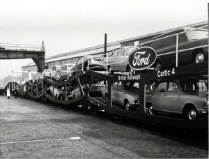 Train carrying cars of the Ford trademark, 1950 Train carrying cars of the Ford trademark, 1950