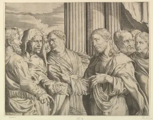 The Triubute Money: Christ at center right gesturing to man at his left with coins The Triubute Money: Christ at center right gesturing to man at his left with coins