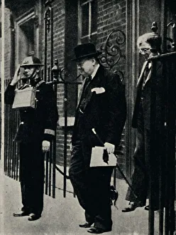 British Prime Minister WWII Prints: Undeterred by Air-Raid Warning, 1940s, (1945). Creator: Unknown