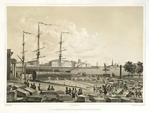 Unloading two column at the Admiralty (From: The Construction of the Saint Isaacs Cathedral), 1845