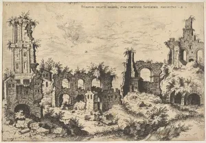 View of ruins on the Palatine Hill with trabeated facade at left and arcades at center View of ruins on the Palatine Hill with trabeated facade at left and arcades at center