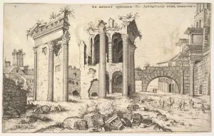 View of unidentified ruins with trabeated facade at left, arcades at center View of unidentified ruins with trabeated facade at left, arcades at center
