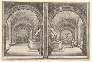 Two views of a grotto, both views with a fountain with a seated statue, seen from the Two views of a grotto, both views with a fountain with a seated statue, seen from the