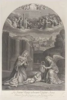 The Virgin Mary adoring the Christ child, an angel holding a crown of thorns at right The Virgin Mary adoring the Christ child, an angel holding a crown of thorns at right
