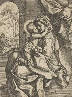 The Virgin seated with the Christ Child on her lap embracing her, Joseph seen thr..., ca The Virgin seated with the Christ Child on her lap embracing her, Joseph seen thr..., ca
