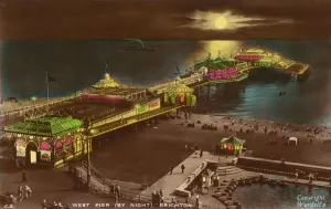 Prints of West Pier by night, Brighton, 1939. The West Pier in Brighton, Sussex, was completed in 1866, closed in 1975, and has since collapsed due to storms and arson attacks Brighton And Hove Prints: West Pier by Night, Brighton, 1939 Print