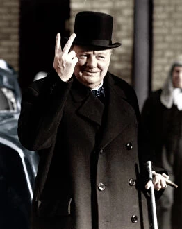 Politicians Collection: Winston Churchill making his famous V for Victory sign, 1942
