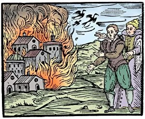 Colorised Gallery: Witches destroying a house by fire - Swabia, 1533