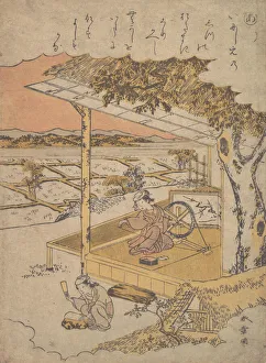 Woman on Veranda, Spinning..., 18th century. Creator: Shunsho Woman on Veranda, Spinning..., 18th century. Creator: Shunsho