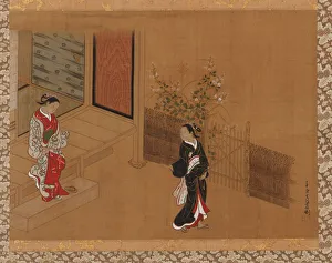 Woman on the verandah steps; another in the garden, Edo period, 18th century Woman on the verandah steps; another in the garden, Edo period, 18th century