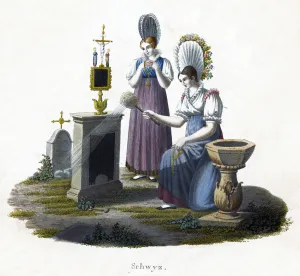 Two women standing before a headstone in a graveyard, c1800 Two women standing before a headstone in a graveyard, c1800