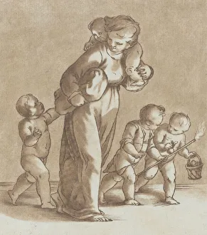 A young girl walks towards the left with one infant on her shoulder and holding anothe A young girl walks towards the left with one infant on her shoulder and holding anothe