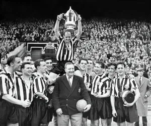 Prints of 1955 FA Cup FinalNewcastleUnited v Manchester City (3-1) at Wembley Manager Duggie Livingstone with the victorious Newcastle team Captain Jimmy Schoular is holding the trophy Northern Ireland Prints: 1955 FA Cup Final Print: Newcastle United Team with Trophy