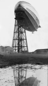 The R100 airship at her mooring-mast at Cardington after her maiden flight 1929 The R100 airship at her mooring-mast at Cardington after her maiden flight 1929