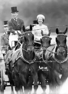 Prints of Queen Elizabeth and Prince Philip arrive at Smith Lawn, Guards Polo Club, Windsor in horse and carriage June 1984 Edinburgh City Prints: Queen Elizabeth II and Prince Philip Print, Horse-Drawn Carriage Arrival