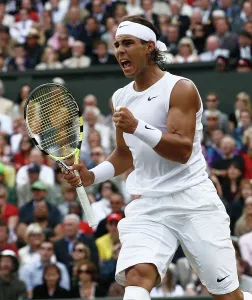 Prints of Rafael Nadal in action Wimbledon 2008 United Kingdom Prints: Rafael Nadal Wimbledon Tennis Print