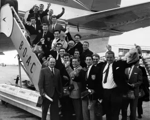 Wakefield Trinity Rugby League club wave goodbye at London Airport before flying to South Wakefield Trinity Rugby League club wave goodbye at London Airport before flying to South