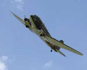 A Douglas C-47 Dakota of the Battle of Britain Memorial Flight, is shown flying in A Douglas C-47 Dakota of the Battle of Britain Memorial Flight, is shown flying in