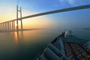 HMS Monmouth Passing Under the Suez Canal Bridge at Al Qantara, Egypt HMS Monmouth Passing Under the Suez Canal Bridge at Al Qantara, Egypt