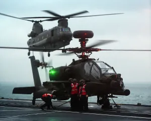 HMS Ocean nearing the end of her Operational Sea Training with Chinook and Apache on deck HMS Ocean nearing the end of her Operational Sea Training with Chinook and Apache on deck