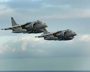 Images Dated 11th October 2008: Pair of Harriers During Flypast at Sea