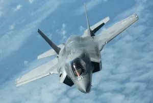 Pictured is the first of the UK's F-35B Lightning II jets to be flown to the UK Pictured is the first of the UK's F-35B Lightning II jets to be flown to the UK
