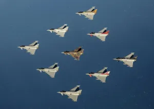 Print of Typhoon aircraft in diamond formation flight over the RAF