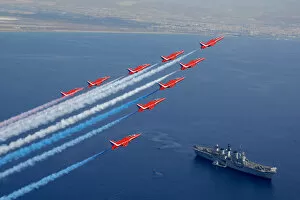 Images Dated 12th May 2008: Red Arrows flying over HMS Illustrious