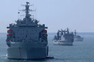 RFA Argus, FS Meuse and RS Regina Maria at anchor in the Solent, in readiness for RFA Argus, FS Meuse and RS Regina Maria at anchor in the Solent, in readiness for