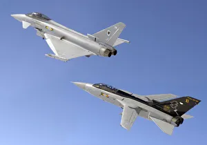 A Typhoon F2 fighter in close formation with a Tornado F3 A Typhoon F2 fighter in close formation with a Tornado F3