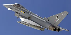 A Typhoon F2 multi-role fighter from 11 Squadron, RAF Coningsby in flight A Typhoon F2 multi-role fighter from 11 Squadron, RAF Coningsby in flight