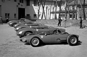 1962 Gallery: Ferrari F1 Launch: A selection of racing Ferraris are displayed outside the Ferrari factory