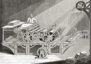 A 19th century steam printing machine. From Old England: A Pictorial Museum, published 1847 A 19th century steam printing machine. From Old England: A Pictorial Museum, published 1847