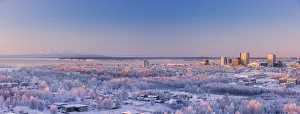 Aerial View Of Downtown Anchorage At Sunset, Hoarfrost On The Trees, Alpenglow On Mount Susitna, Winter, Anchorage Aerial View Of Downtown Anchorage At Sunset, Hoarfrost On The Trees, Alpenglow On Mount Susitna, Winter, Anchorage