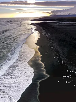 Vatnajokull National Park Gallery: Aerial view of ice from the Jokulsarlon Glacier Lagoon on a black sand beach, Iceland