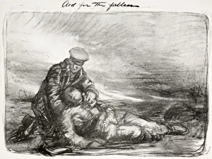 Aid For The Fallen. A Soldier Helps A Wounded Comrade. After And Illustration By Sir Aid For The Fallen. A Soldier Helps A Wounded Comrade. After And Illustration By Sir