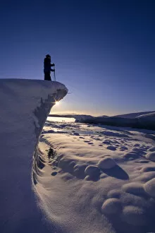 Images Dated 6th December 1996: Alaska, Juneau, Mendenhall Glacier, Nordic Skier Stands On Cliff At Sunset B1661