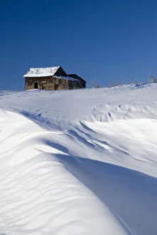 Alberta, Canada; Abandoned Farm Building Atop A Snowy Hill Alberta, Canada; Abandoned Farm Building Atop A Snowy Hill