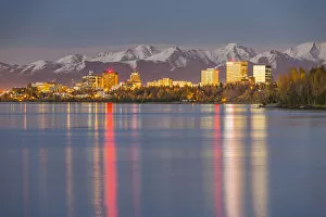 Images Dated 30th September 2012: The Anchorage Skyline With The City Lights Reflected In The Water Of Knik Arm At High Tide