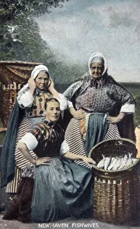 Archival color postcard of three fishwives in Newhaven, England, Great Britain, c 1915 Archival color postcard of three fishwives in Newhaven, England, Great Britain, c 1915