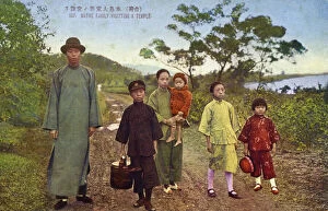 Archival colour postcard of family dressed for temple visit, China, circa 1915