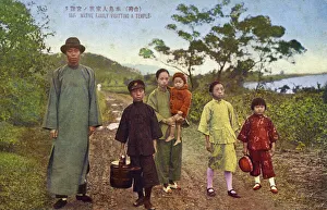 Archival colour postcard of family dressed for temple visit, China, circa 1915 Archival colour postcard of family dressed for temple visit, China, circa 1915
