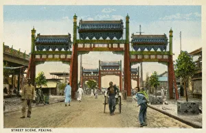 Archival colour postcard of street scene, Peking (Beijing), China, with entry gates, circa 1910 Archival colour postcard of street scene, Peking (Beijing), China, with entry gates, circa 1910