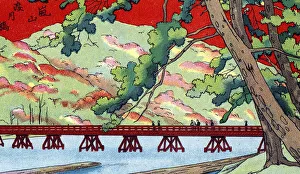 Archival graphic arts postcard of bridge over river, Japan, circa 1925 Archival graphic arts postcard of bridge over river, Japan, circa 1925