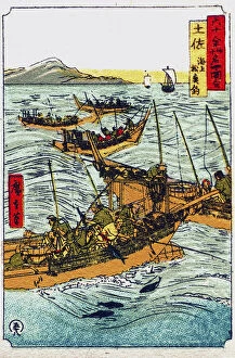 Archival miniature print of fishermen at sea in multiple boats, Japan, c 1930.(Photo by Allan Seide)